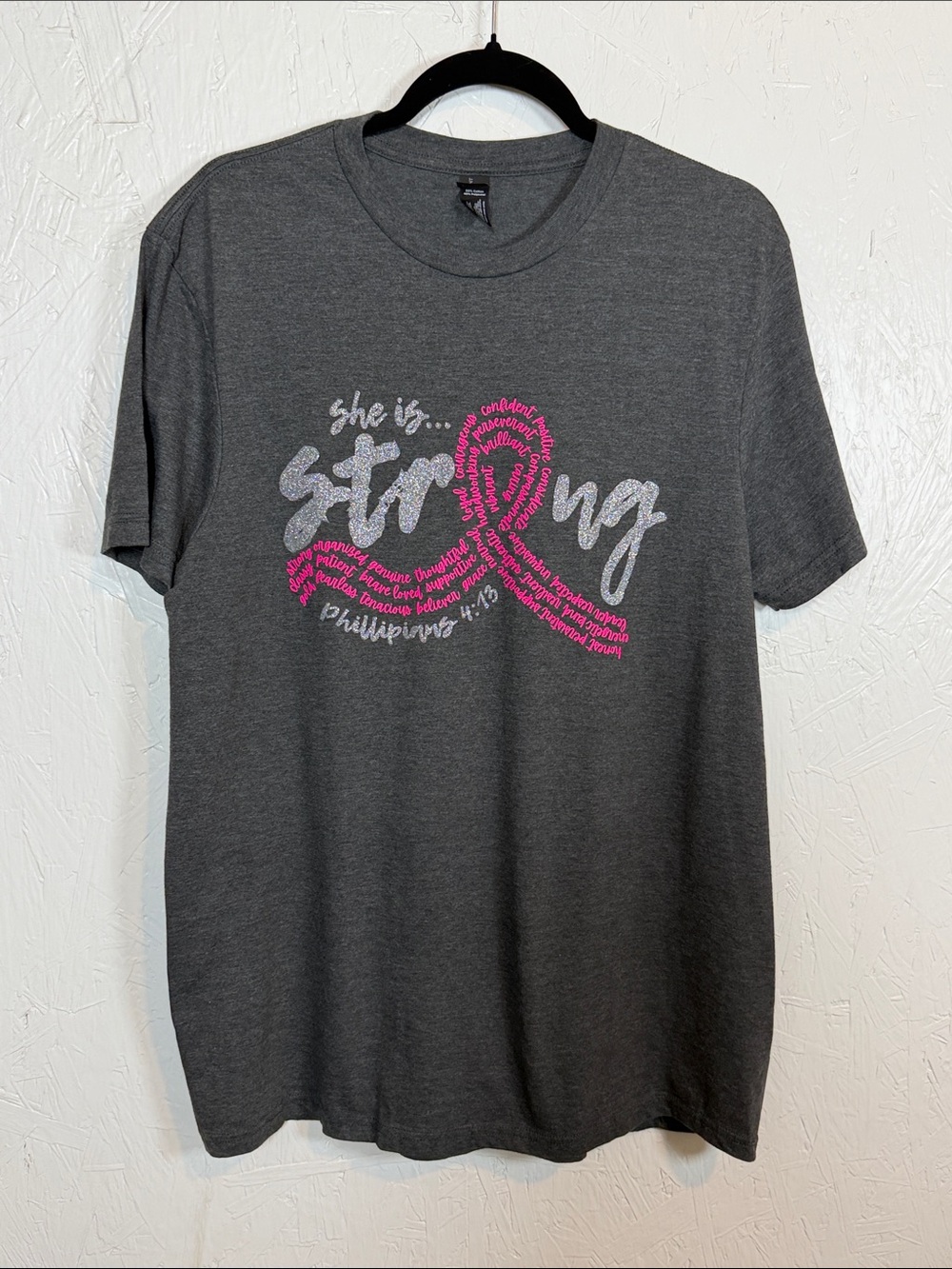 District Gray Tee with Pink Ribbon "She Is Strong" Graphic